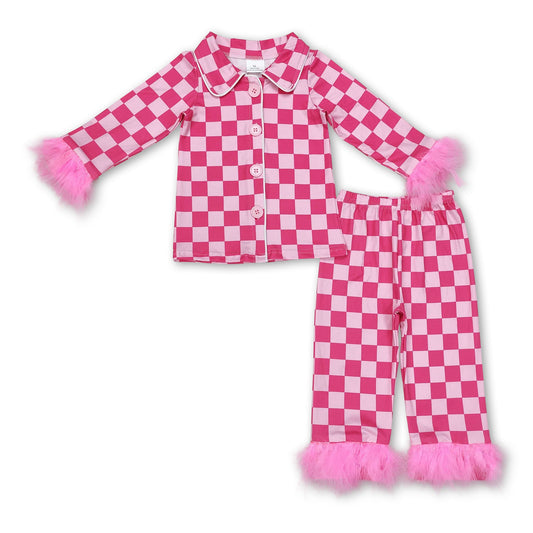 Hot pink plaid fur ruffle kids girls button down pajamas