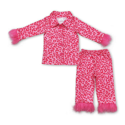 Hot pink leopard fur ruffle kids girls button down pajamas