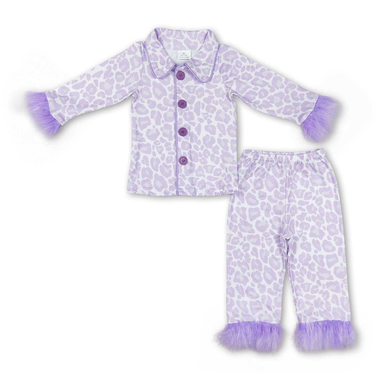 Lavender leopard fur ruffle kids girls button down pajamas