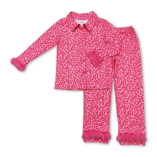 Hot pink leopard fur ruffle adult women button down pajamas