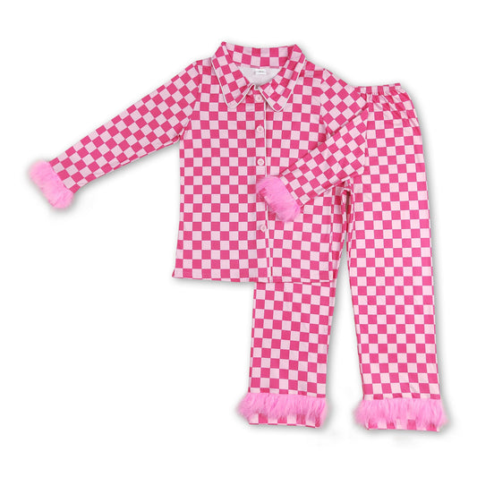 Hot pink plaid fur ruffle adult women button down pajamas