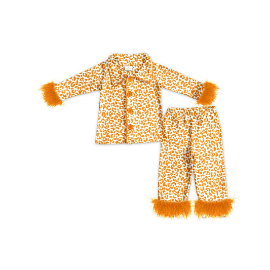 Yellow leopard fur ruffle kids girls button down pajamas