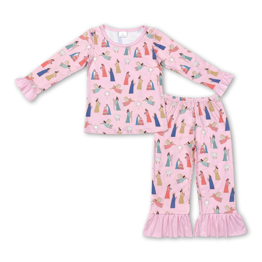 Long sleeves pink nativity baby girls Christmas pajamas