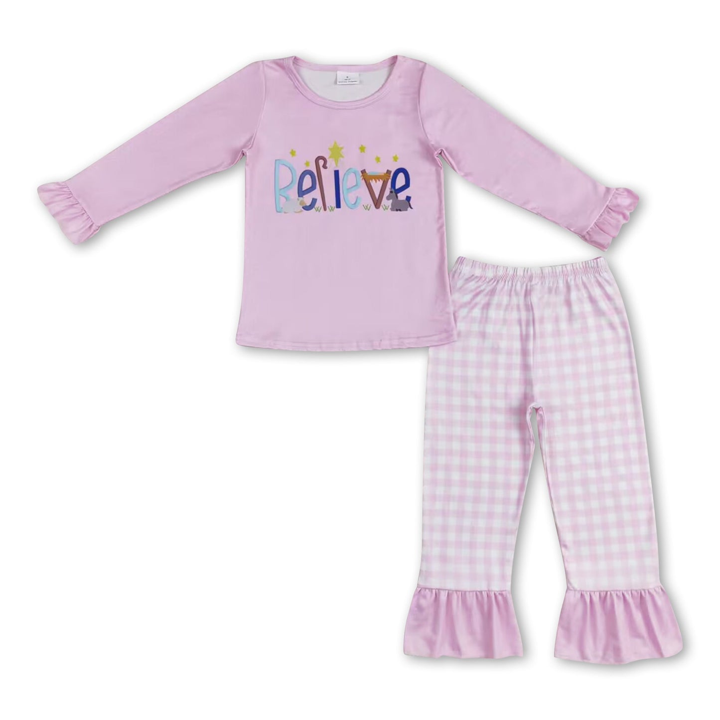 Pink believe top plaid pants kids girls Christmas clothes