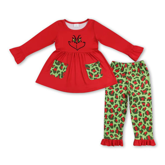 Red green face tunic leopard pants girls Christmas outfits