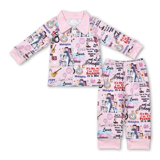 Long sleeves pink guitar butterfly singer girls pajamas