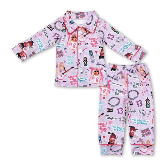 Long sleeves lavender guitar singer girls pajamas