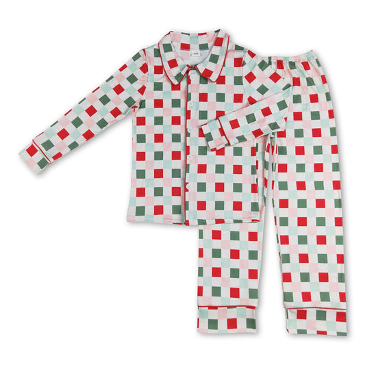 Red green plaid adult women Christmas button down pajamas