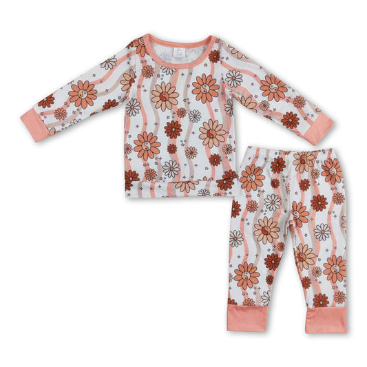 Long sleeves floral top pants kids girls bamboo clothing set