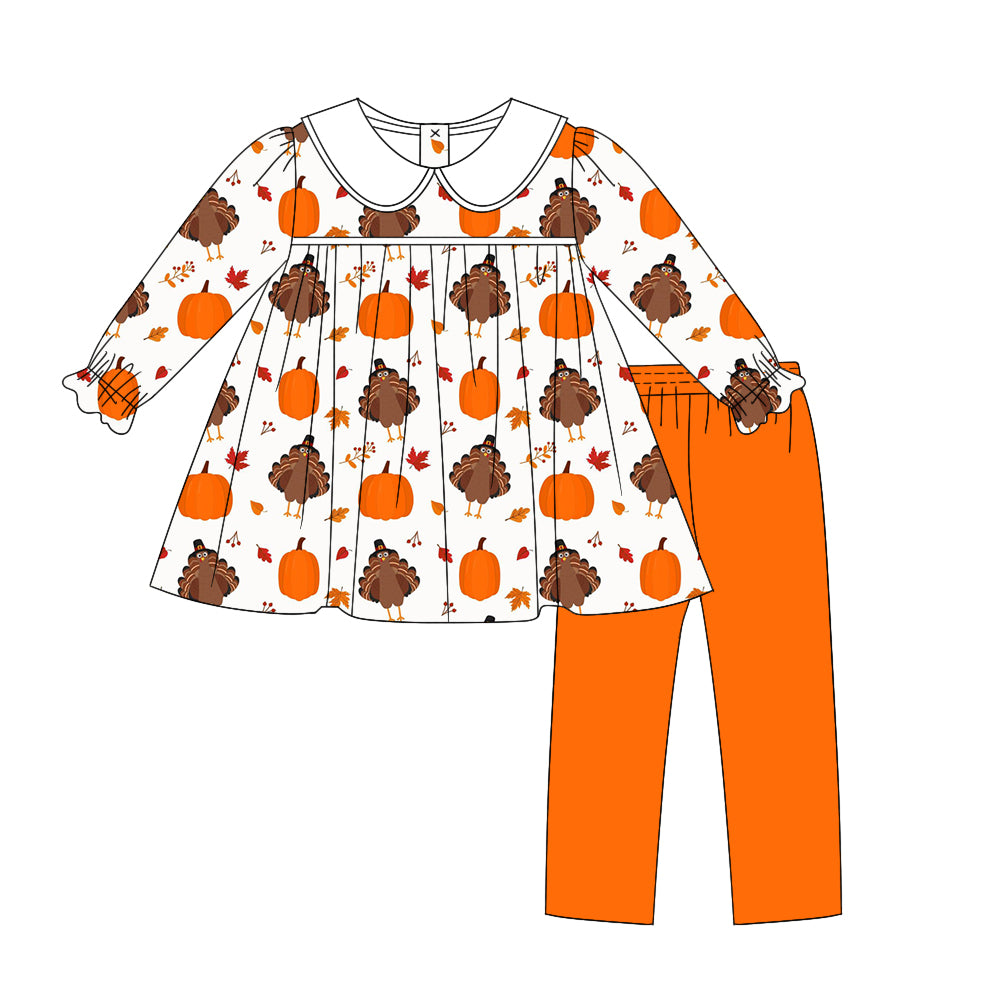 Turkey pumpkin tunic orange leggings girls Thanksgiving set