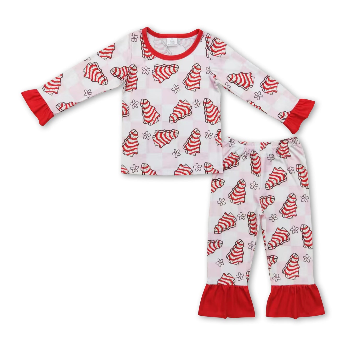 Pink plaid Christmas tree cake kids girls bamboo pajamas