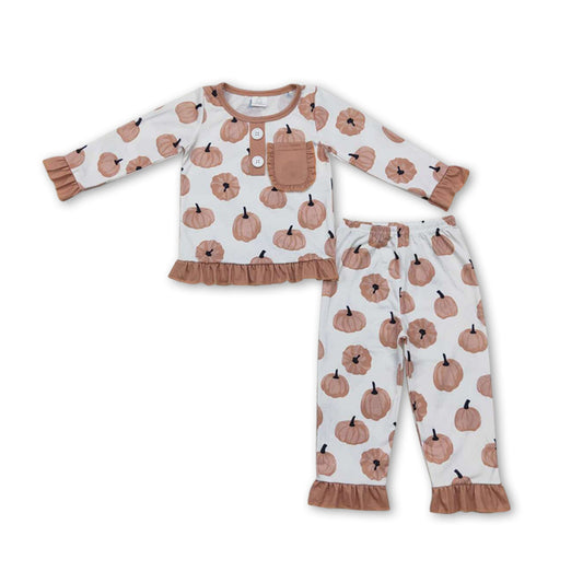 Long sleeves pumpkin ruffle baby girls bamboo fall pajamas