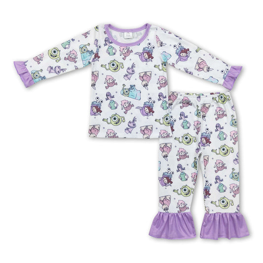 Lavender long sleeves monster kids girls pajamas