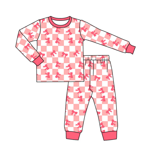 Long sleeves pink plaid bow kids girls pajamas
