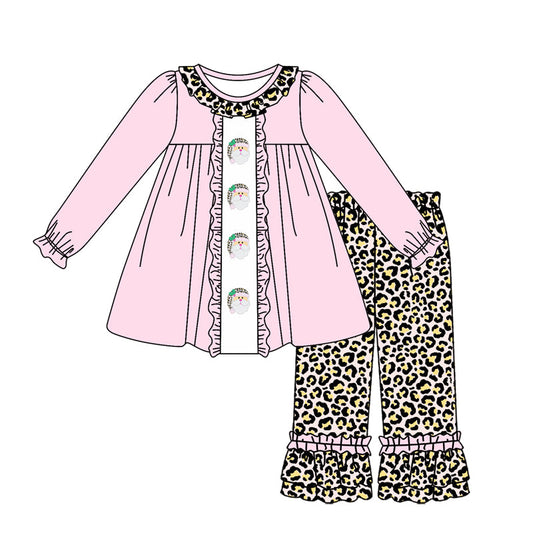 Pink santa tunic leopard ruffle pants girls Christmas clothes