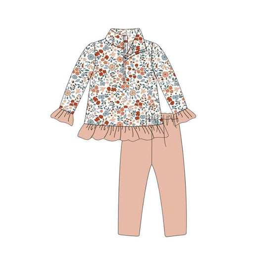 Ruffle floral zipper pullover leggings girls fall clothes
