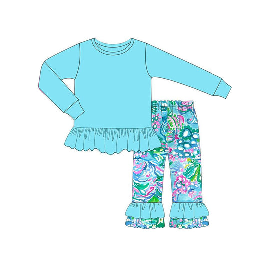 Light blue cotton top watercolor ruffle pants girls clothes