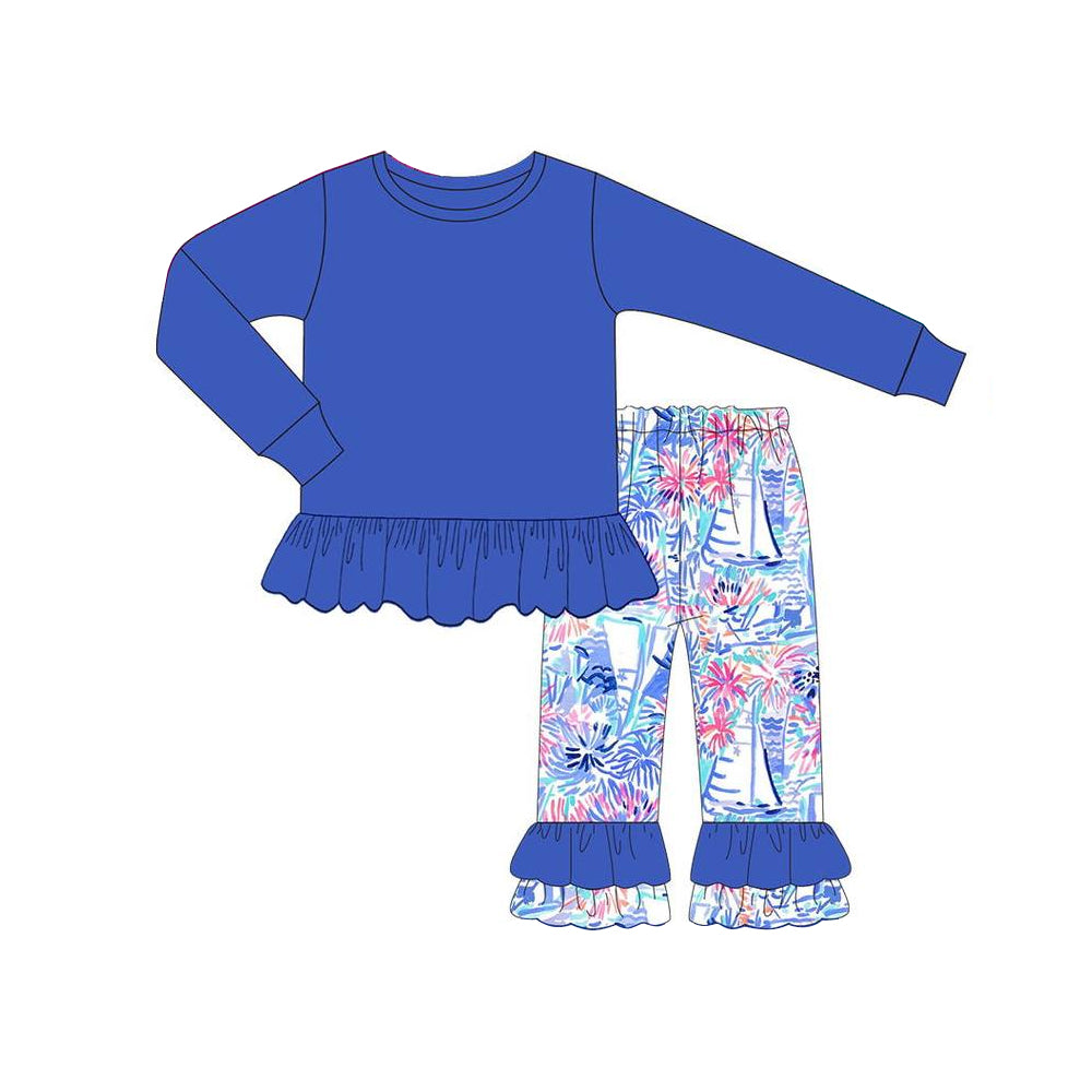 Blue cotton top watercolor boat ruffle pants girls clothes