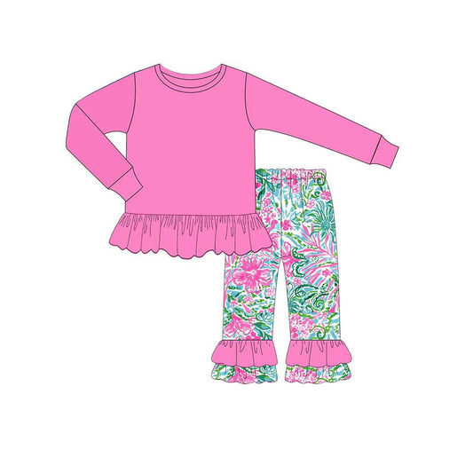 Pink cotton top watercolor floral ruffle pants girls clothes