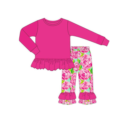 Hot pink cotton top watercolor floral ruffle pants girls clothes