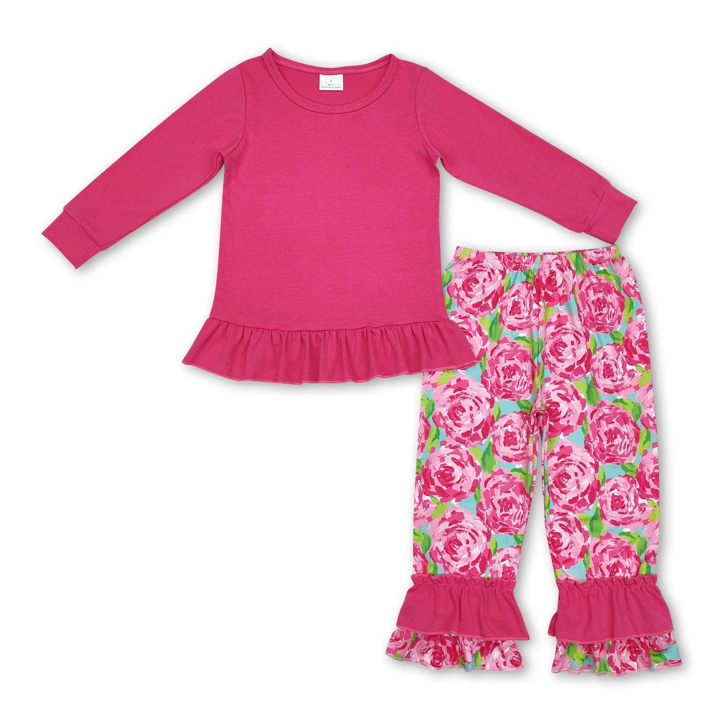 Hot pink cotton top watercolor floral ruffle pants girls clothes