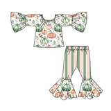 Pumpkin top pink green stripe pants girls fall clothing