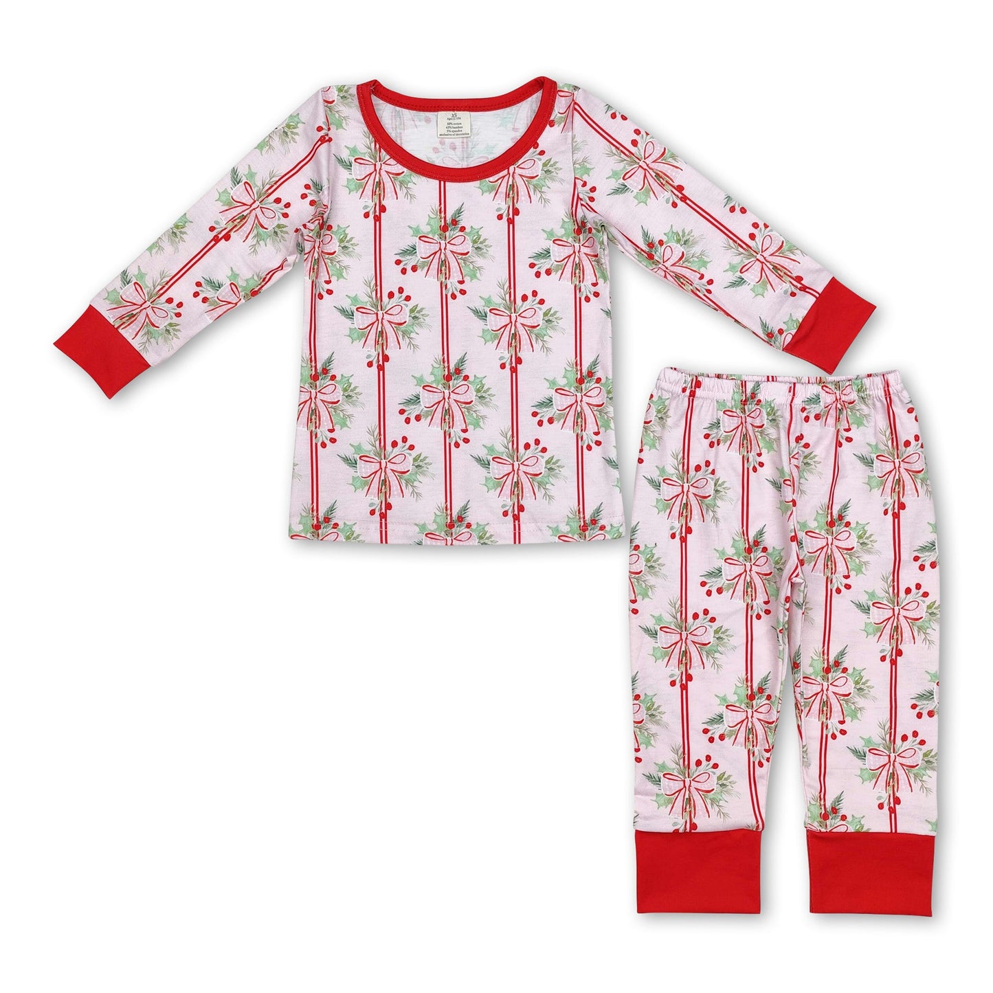 Red long sleeves pink bow girls bamboo Christmas pajamas