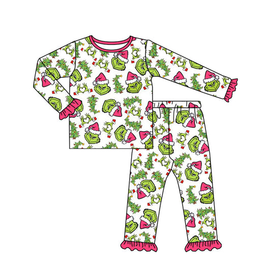 Hot pink long sleeves green face Christmas tree girls pajamas