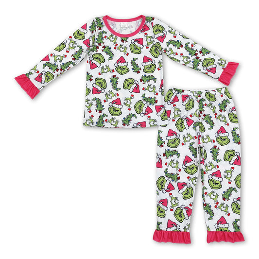 Hot pink long sleeves green face Christmas tree girls pajamas