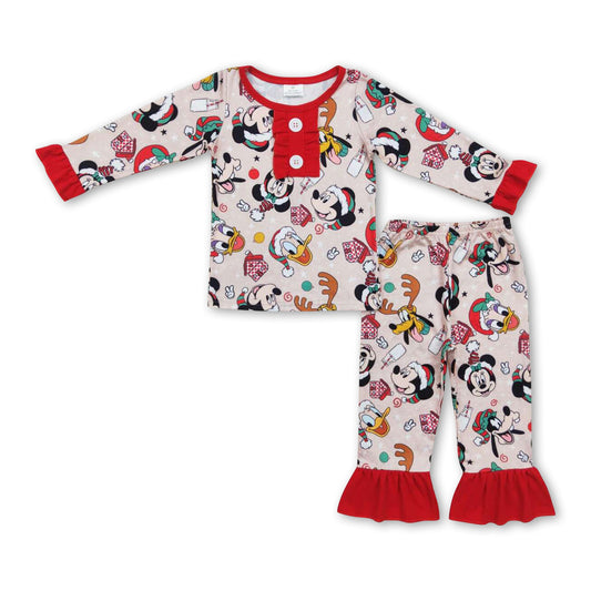 Red long sleeves duck mouse deer girls Christmas pajamas