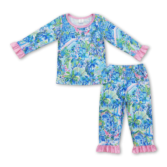 Long sleeves watercolor blue floral girls pajamas