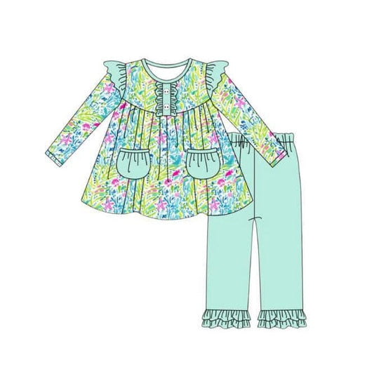 Watercolor mint floral pocket tunic pants girls clothes