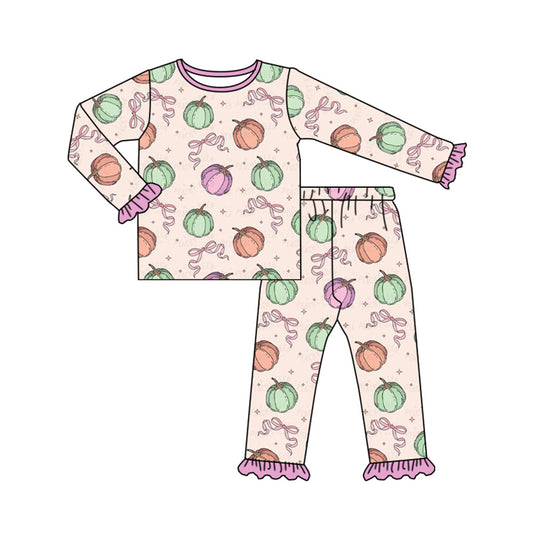 Pink bow pumpkin ruffle kids girls fall pajamas