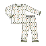 Green bow pumpkin ruffle kids girls fall pajamas