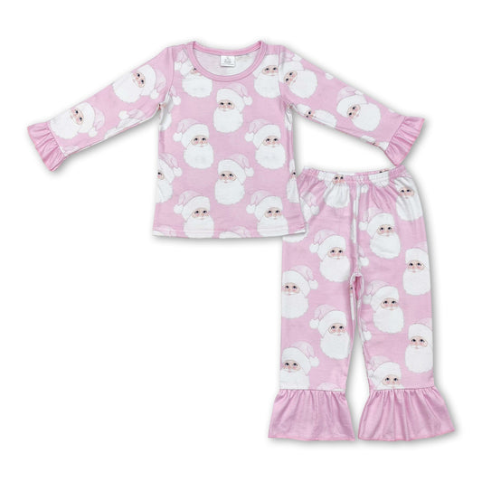 Ruffle long sleeves pink santa baby girls Christmas pajamas