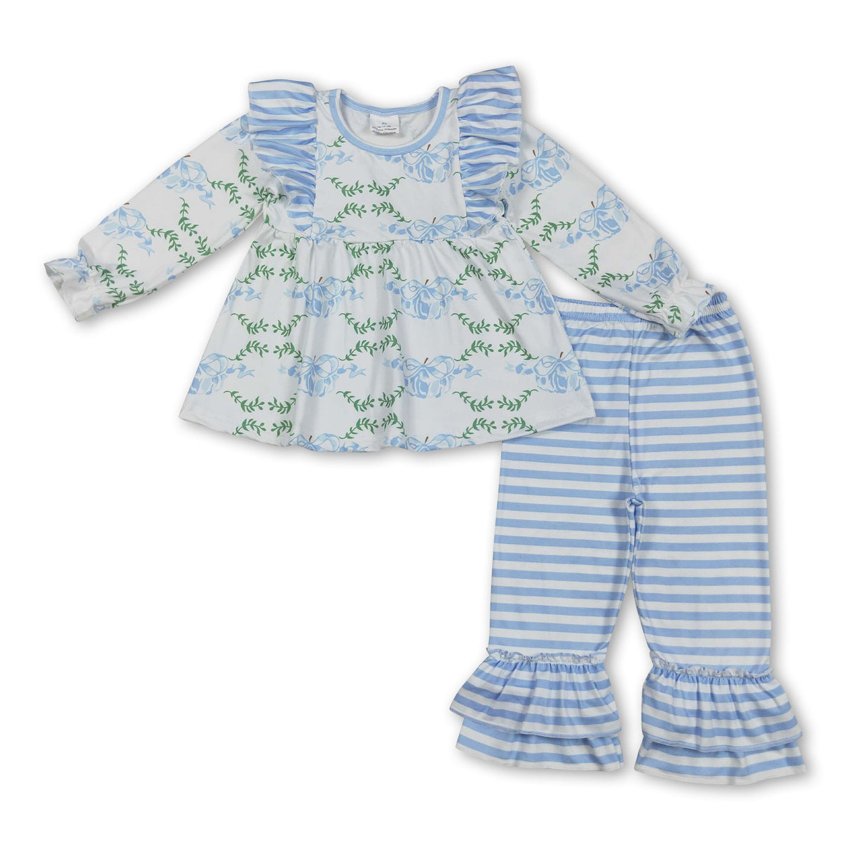 Blue pumpkin bow tunic stripe ruffle pants girls clothes