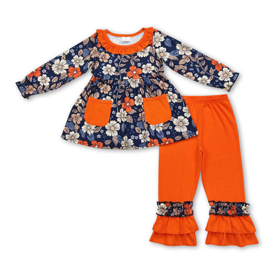 Floral pockets tunic orange ruffle pants girls fall clothes