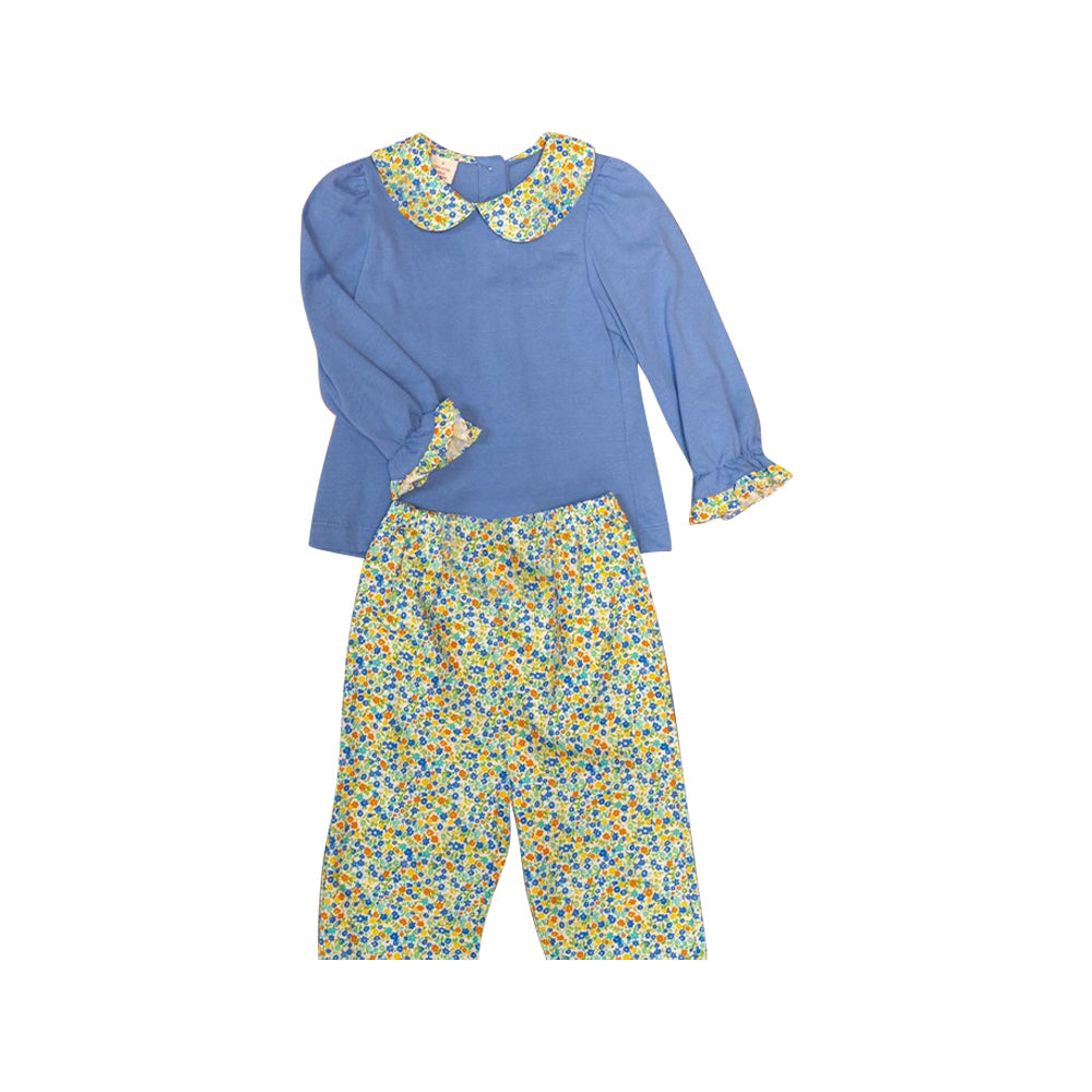 Floral collar ruffle blue top pants girls clothing set