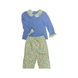 Floral collar ruffle blue top pants girls clothing set