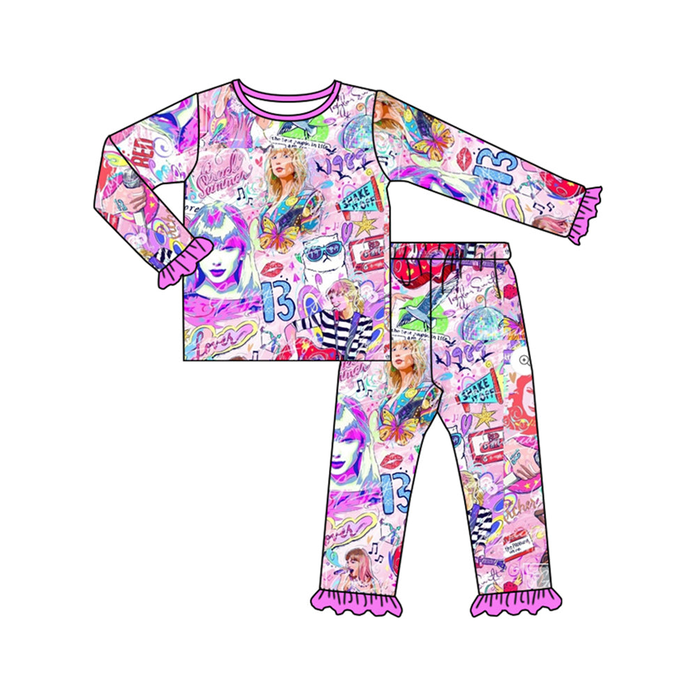 Pink ruffle long sleeves butterfly singer girls pajamas