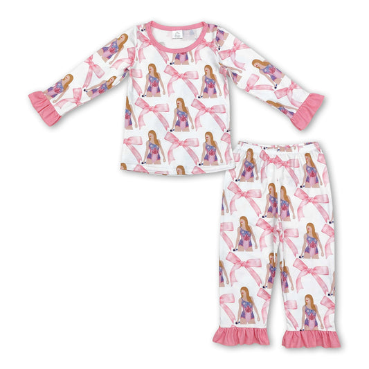 Long sleeves pink bow ruffle singer girls pajamas