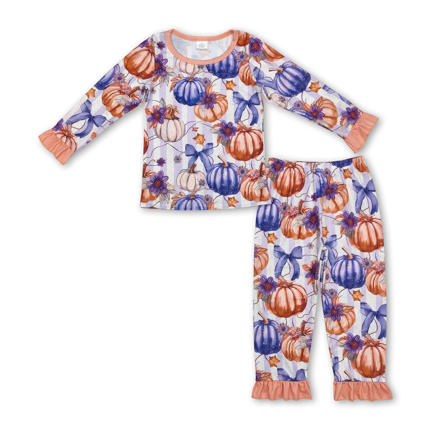 Purple bow stripe pumpkin ruffle girls fall bamboo pajamas