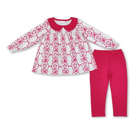 Hot pink bow floral tunic leggings girls clothing set