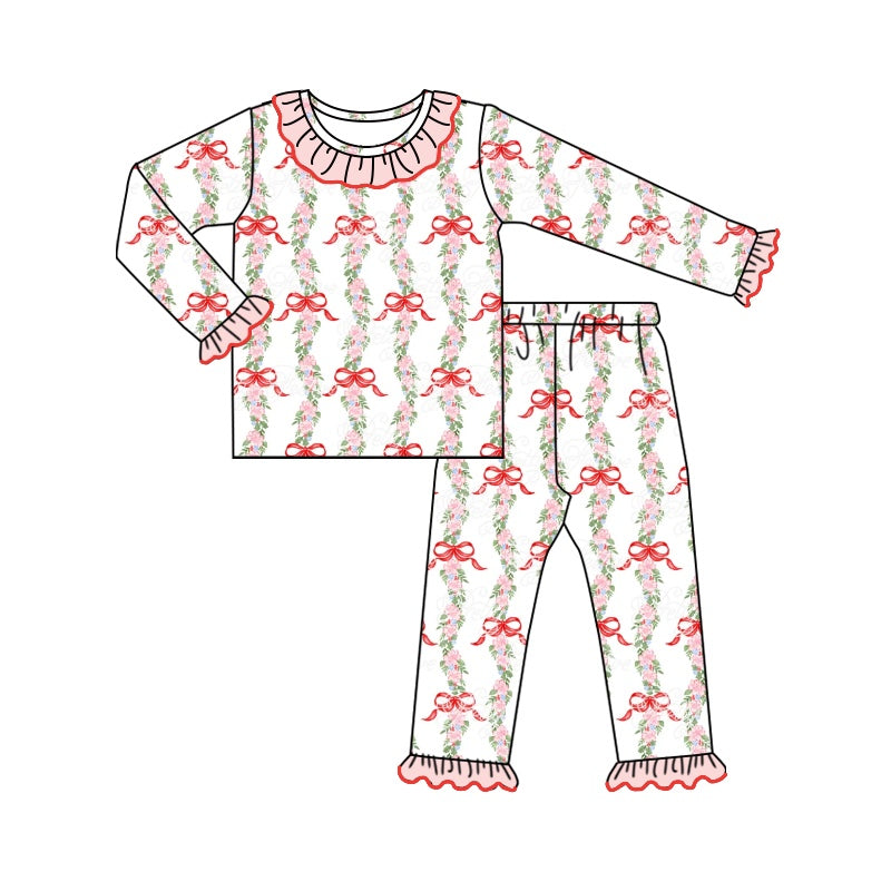 Pink bow floral ruffle baby girls pajamas