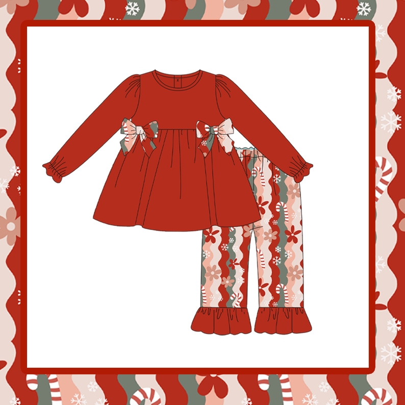 Red tunic candy cane floral ruffle pants girls Christmas clothes