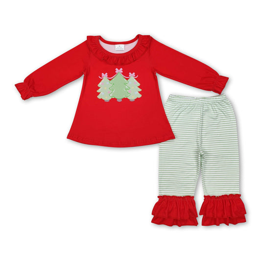 Red Christmas tree tunic stripe ruffle pants girls clothes