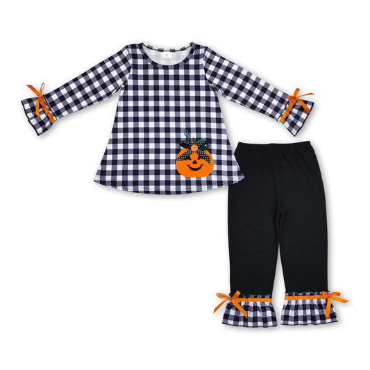 Black plaid pumpkin top ruffle pants girls Halloween set