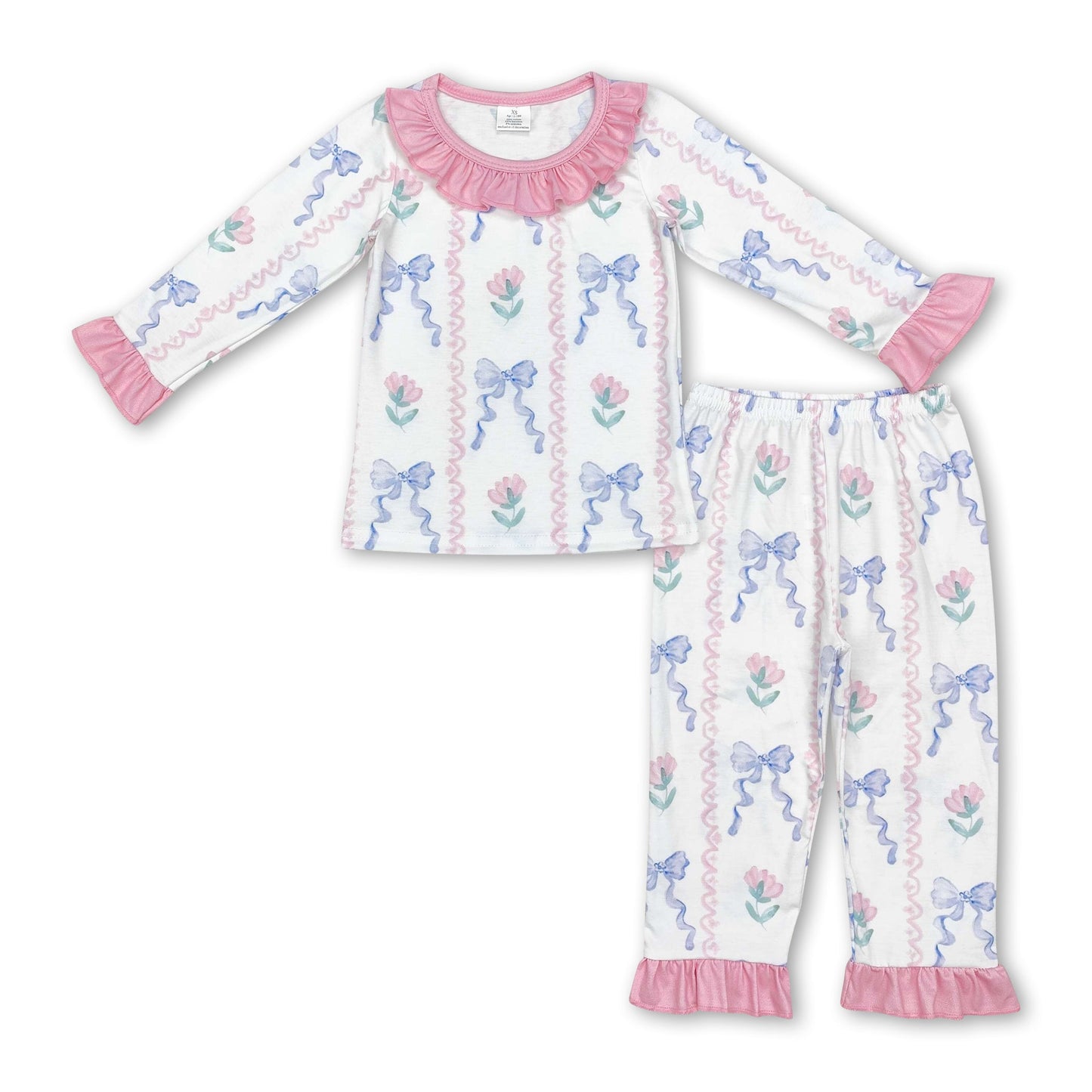 Pink ruffle floral bow kids girls bamboo pajamas