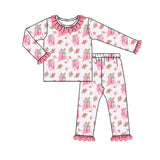 Pink ruffle long sleeves dance floral girls pajamas