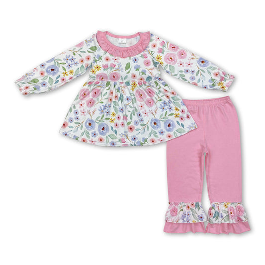 Pink ruffle floral tunic ruffle pants girls clothing set